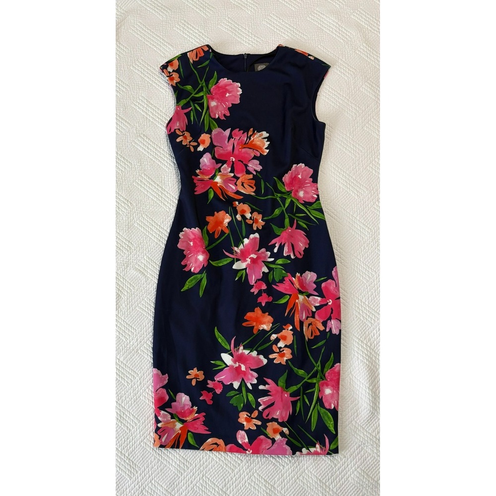 Vince Camuto Women's Sleeveless Sheath Dress Vibrant Floral Print Navy Blue Sz 6